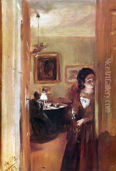 Lilving room with the artist's sister Oil Painting - Adolph von Menzel