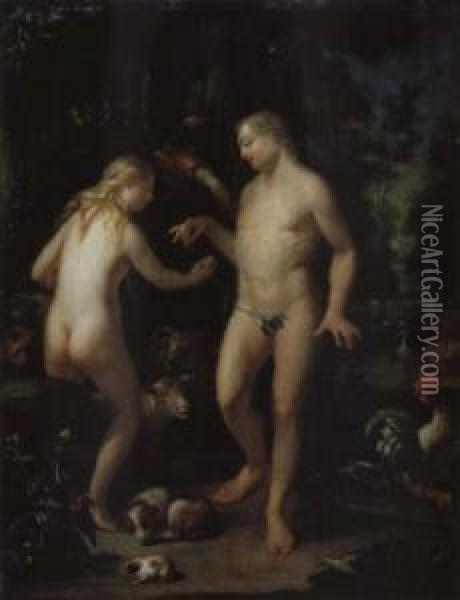 Paradieslandschaft Mit Adam Und Eva Oil Painting - Adriaan Van Der Burg