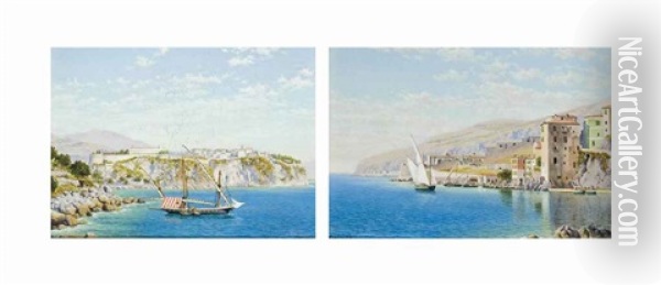 Fishermen Off A Rocky Coastline, Italy; And The Italian Riveria (pair) Oil Painting - John Mulcaster Carrick