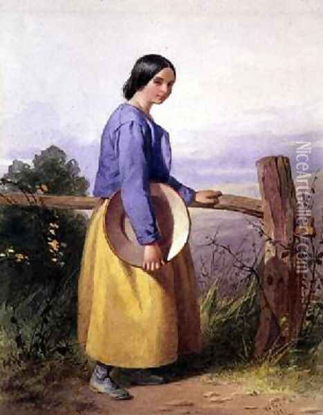 A country girl standing by a fence Oil Painting - William Lee