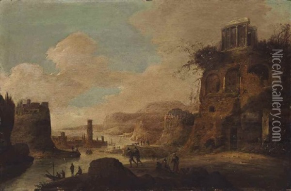 Capriccio With Ruins And A Harbour Oil Painting - Daniel van Heil