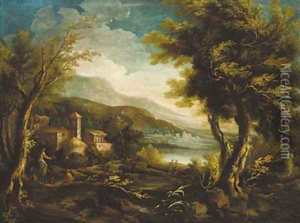 A mountainous Italianate landscape with figures and a donkey before a church Oil Painting - Alessandro Magnasco