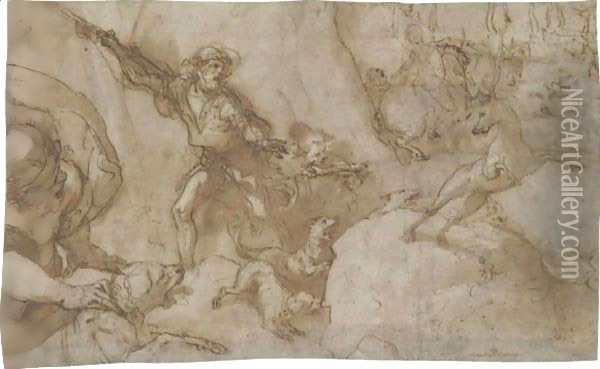 Hunting Scene Design For A Stage Curtain Oil Painting - Federico Zuccaro