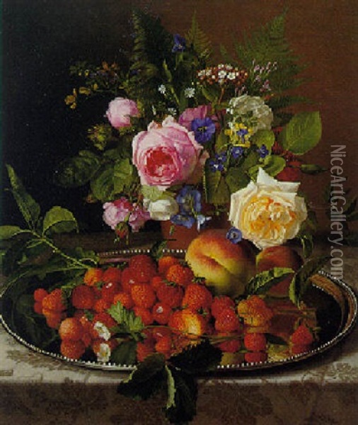 Still Life With Roses And Strawberries On A Silver Salver Oil Painting - Otto Didrik Ottesen