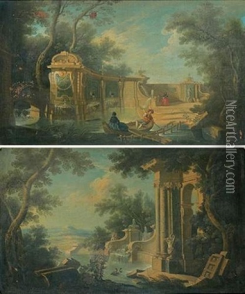 Caprices Architecturaux (pair) Oil Painting - Jacques de Lajoue