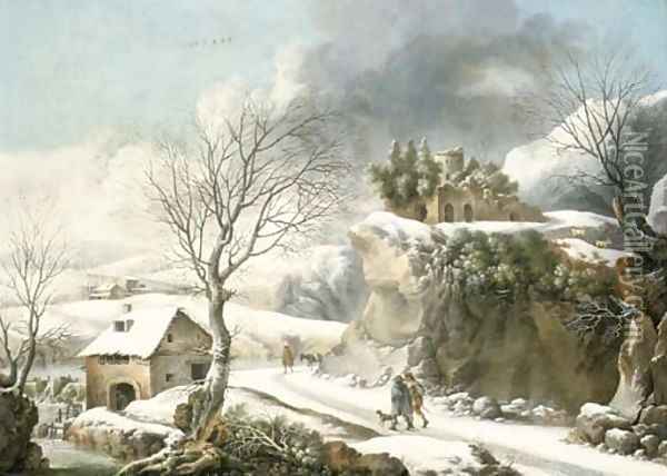 A winter landscape with travelers on a path Oil Painting - Francesco Foschi