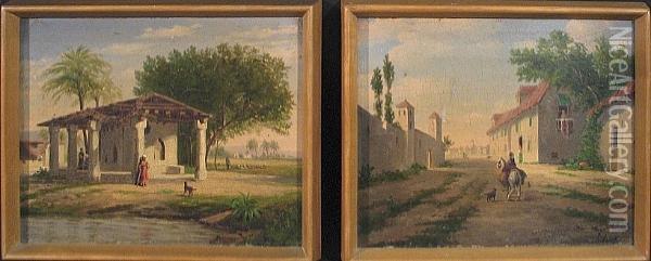 Arab Village Scene; Figures By A Building (a Pair) Oil Painting - Reuben Le Grand Johnston