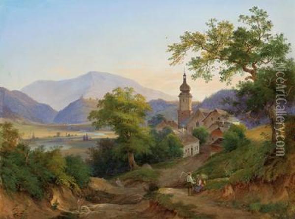 Attributed Scene From The Salzkammergut In Upper Austria Oil Painting - Anton Schiffer