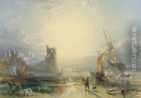 Unloading The Catch Before A Ruined Castle At Sunset Oil Painting - William Andrews Nesfield