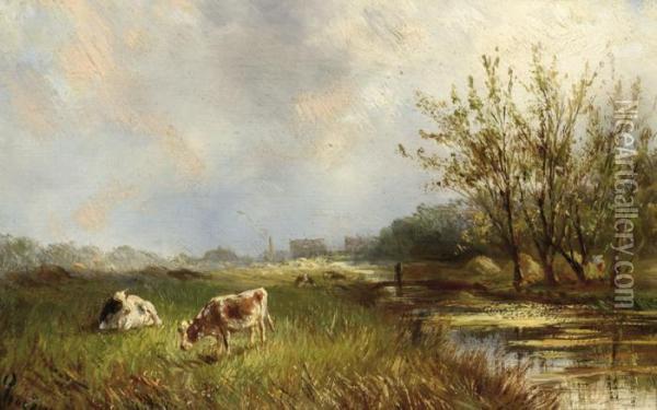 Two Cows In A Field By A Ditch Oil Painting - Albert Jurardus van Prooijen