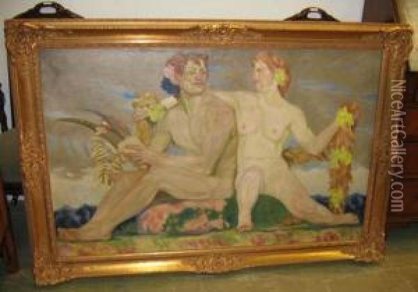 Man And Woman. Oil On Canvas. Signed Lower Left: Erler. Oil Painting - Fritz Erler