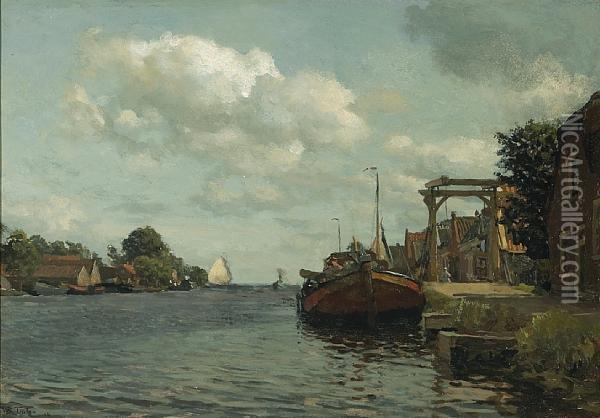 Moored Boats On A River In Summer Oil Painting - Willem Bastiaan Tholen