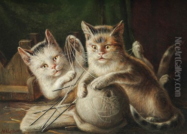 Kittens At Play Oil Painting - Niels Aagaard Lytzen