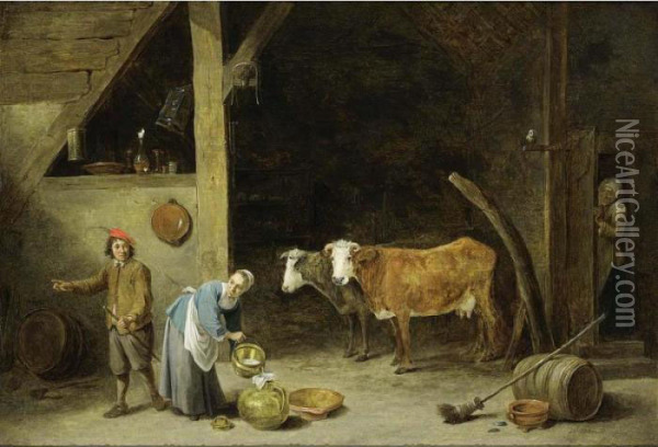 A Barn Interior With A Peasant 
Woman Pouring Milk Into A Jug And A Peasant Man Standing Nearby, With 
Cattle In The Background, An Old Woman Peeking Through A Door And An Owl
 Sitting On A Stick Near The Door Oil Painting - David The Younger Teniers