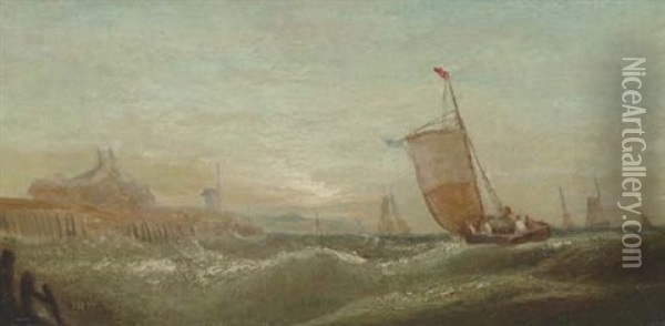 Evening, Fishing Boats Off A Coast Oil Painting - William Callcott Knell