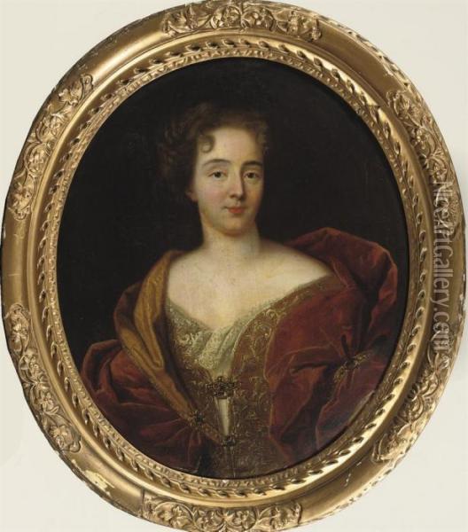 Portrait Of A Lady, Half-length, In An Embroidered Red Velvet Dressand A Lace Chemise Oil Painting - Jacob Ferdinand Voet