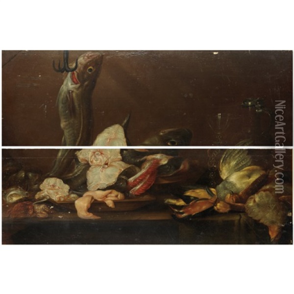 Still Life With Fish, Game And Tableware Oil Painting - Alexander Adriaenssen the Elder