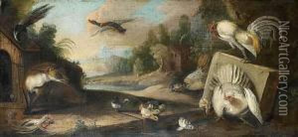 Chickens And A Cockerel Frightened By Atethered Fox Oil Painting - Marmaduke Cradock