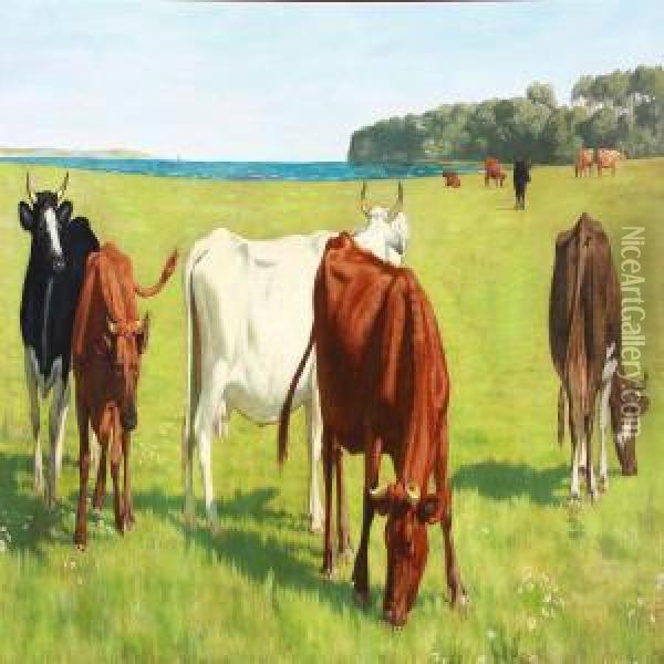 Grazing Cows Oil Painting - Johannes Resen-Steenstrup