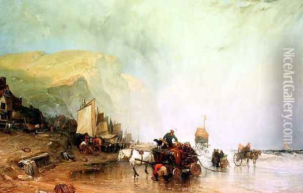 Coastal Scene, Fishermen unloading their Catch Oil Painting - William Callow
