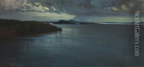 Hiidenselka On Lake Ladoga (rain Shower Over The Lake) Oil Painting - Vaeinoe Haemaelaeinen
