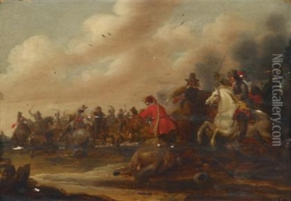 Cavalry Skirmish (a Pair) Oil Painting - Pieter Meulener