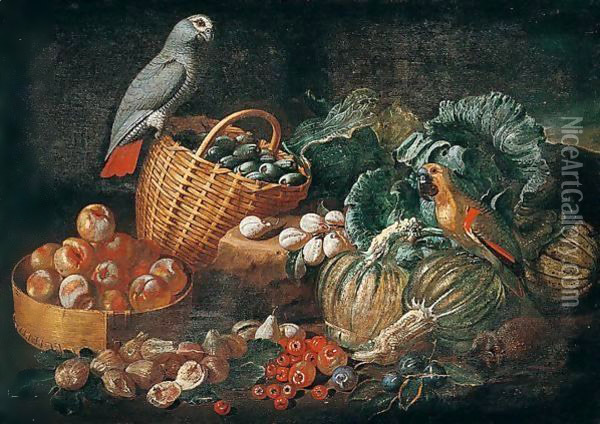 Still Life With Parrots, Pumpkins, Tomatoes, Figs, Peaches And Plums In Baskets Oil Painting - Jacob van der (Giacomo da Castello) Kerckhoven