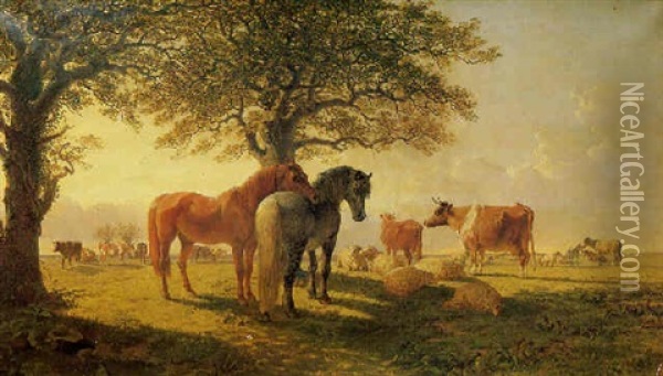 Cattle, Sheep And Horses Beneath Trees Oil Painting - Charles Herring