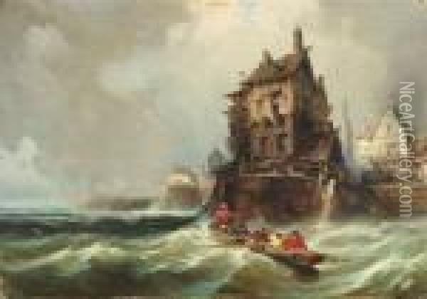 Rowing Boat In Rough Sea At At Village At A Cliff Line Oil Painting - Charles Euphrasie Kuwasseg
