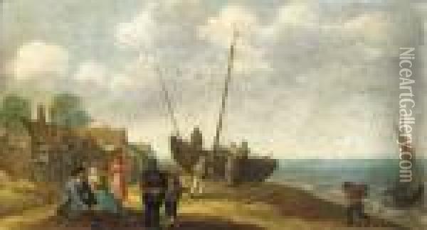 A Coastal Landscape With Fish Sellers By A Beached Boat, A Village Beyond Oil Painting - Abraham Willaerts