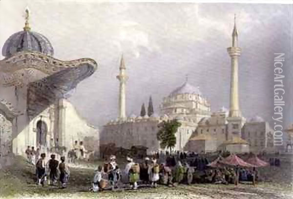 The Mosque of Bajazet with the Seraskier's Gate, Istanbul Oil Painting - William Henry Bartlett