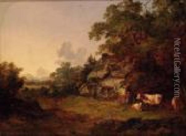 Figures Before A Cottage In A Wooded Landscape Oil Painting - John Dearman Birchall