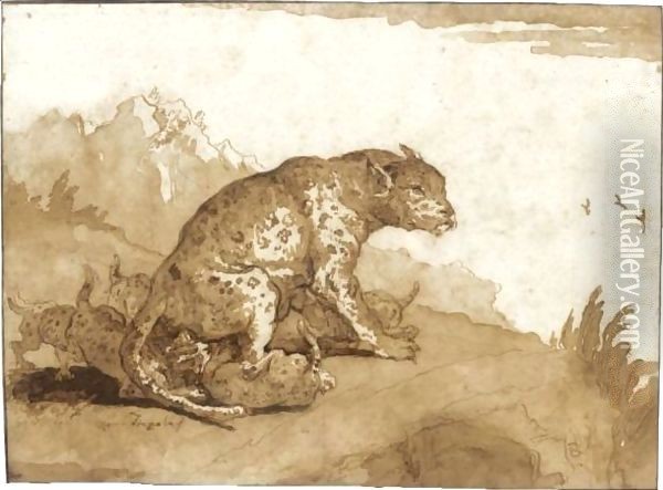 A Leopardess With Her Cubs In A Landscape Oil Painting - Giovanni Domenico Tiepolo