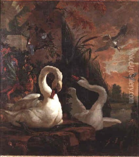 A Mute Swan Preening Itself On The Edge Of A Pond, Whilst Its Companion Regards A Kingfisher Perched On A Bough Above Oil Painting - Abraham Bisschop