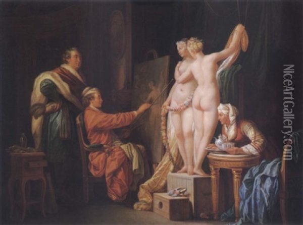 A Painter With Models In His Studio Oil Painting - Jean-Baptiste Leprince