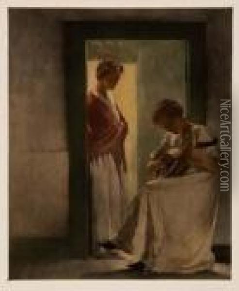 Two Young Girls In A Doorway Oil Painting - Peder Vilhelm Ilsted