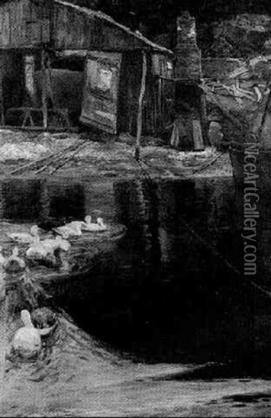 Ducks By A Boatyard Oil Painting - Sir David Murray