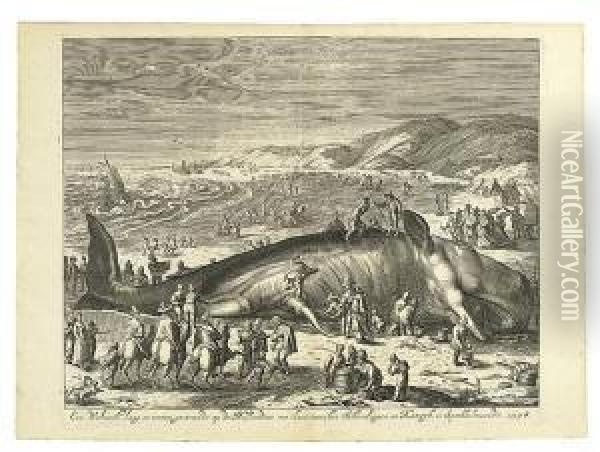 A Beached Whale Between Scheveningen And Katwijk. Oil Painting - Willem Van Houten