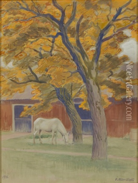 In Front Of The Stable Oil Painting - Vaeinoe Alfred Blomstedt