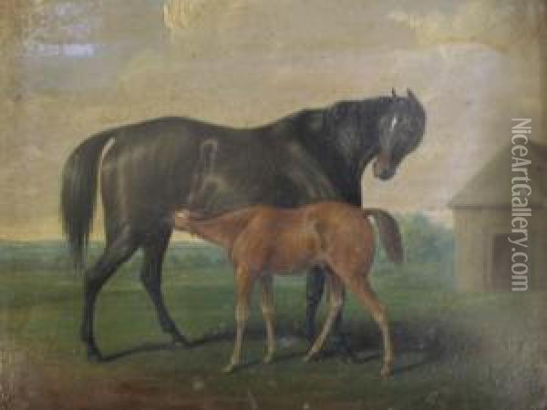 Mare And Foal Oil Painting - Henry Bernard Chalon