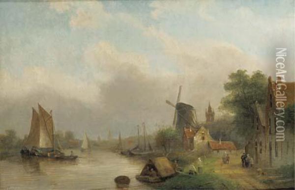 Shipping On A River By A Village Oil Painting - Jan Jacob Coenraad Spohler