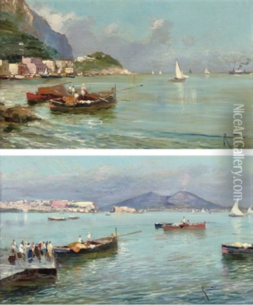 Bay Of Naples, Vesuvius Beyond (+ Fishermen Bringing In The Catch; Pair) Oil Painting - Oscar Ricciardi