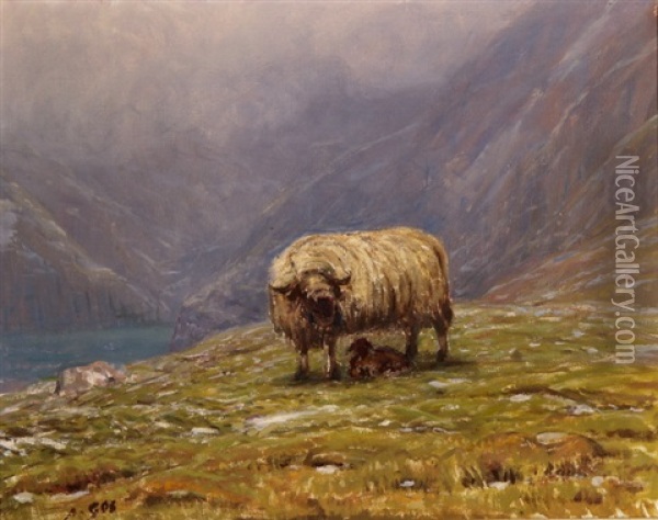Berglandschaft Mit Schafbock Und Seiner Nachkommenschaft Oil Painting - Albert Henri John Gos