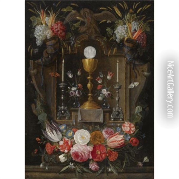 The Eucharist: A Gold Chalice, A Host And Two Silver Candelabras In A Stone Niche, Surrounded With Bunches Of Grapes And Corn Oil Painting - Jan van Kessel the Elder