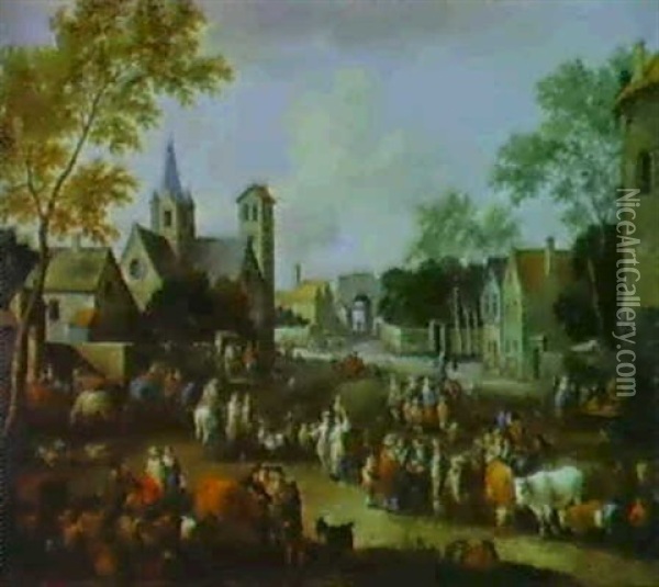 Dorflandschaft Mit Einem Markt Und Vielen Figuren Oil Painting - Pieter Bout