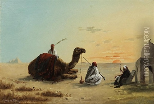 Orientalist Scene At Sunset With Figures And Camel Oil Painting - Louis Comfort Tiffany