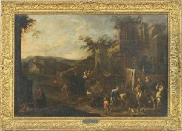Scena Di Mercato Autunnale Con Rovine Oil Painting - Pietro Domenico Oliviero