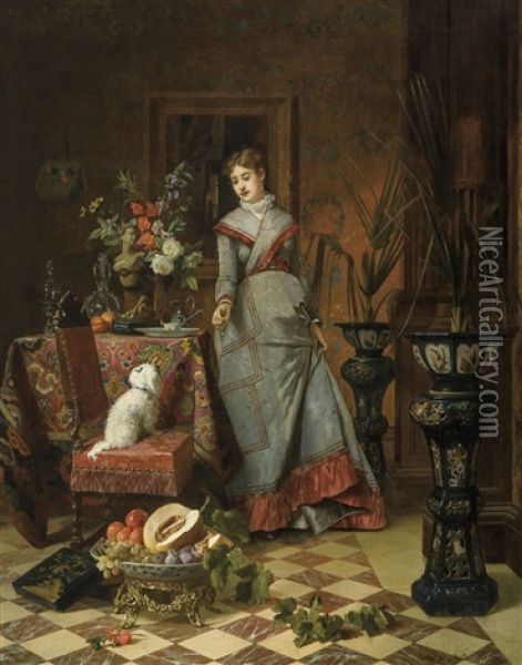 Bourgeois Interior With Lady And Her Little Dog Oil Painting - David de Noter