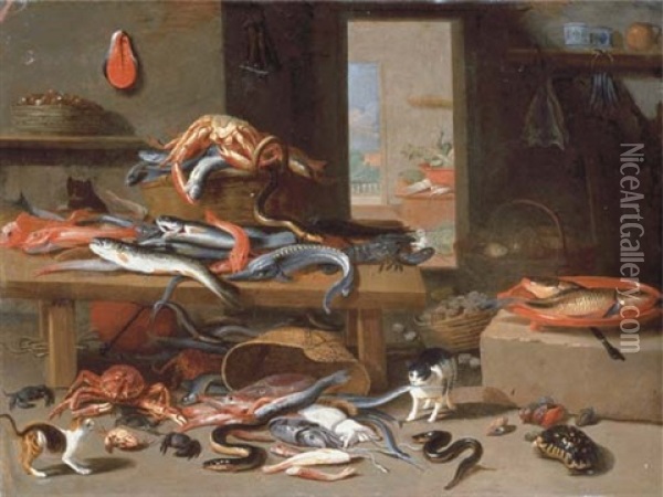 A Lobster, A Sturgeon, An Eel And Other Fish On A Table With A Wicker Basket, Cats And A Tortoise In The Foreground With Other Fish And Sea Animals, A Landscape Through A Doorway Beyond Oil Painting - Jan van Kessel the Elder