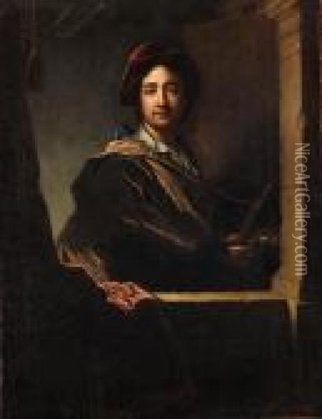 Portrait Of The Artist, Half-length, At A Casement Oil Painting - Hyacinthe Rigaud